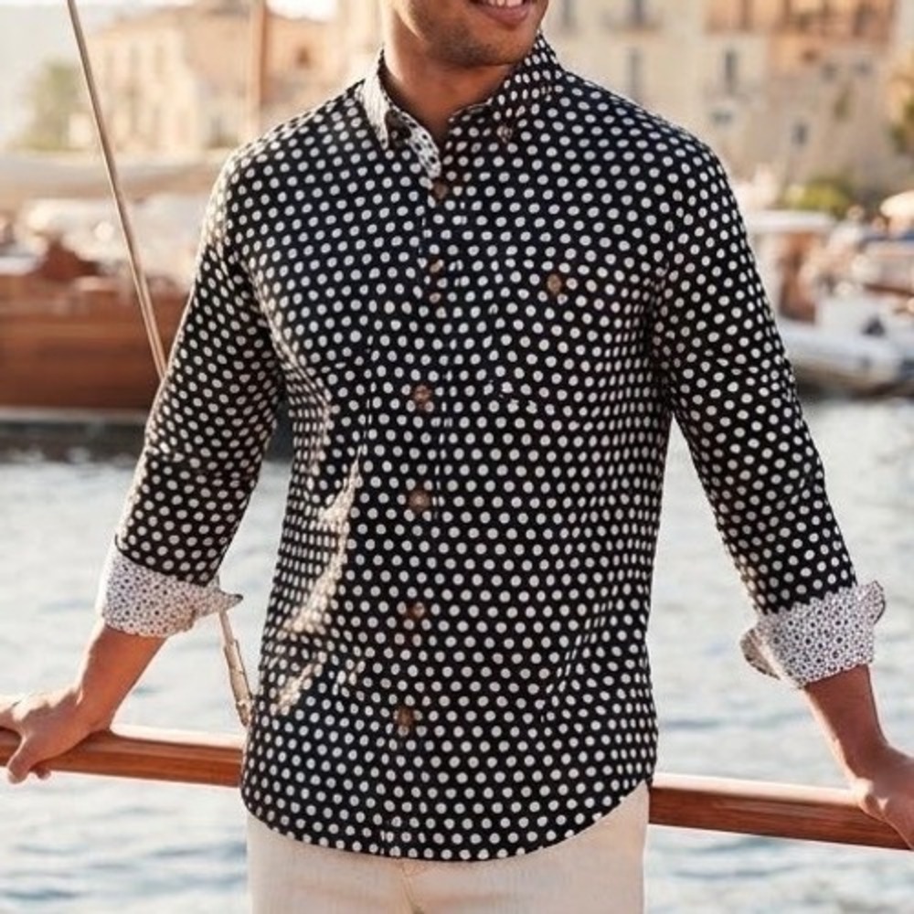 Kenny Flowers Island Classics Polka Dot Rayon Button Down Shirt Black White XL